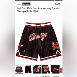 Just Don Chicago Bulls 10th Anniversary Shorts 1996 Jordan Rare Mens Large $400